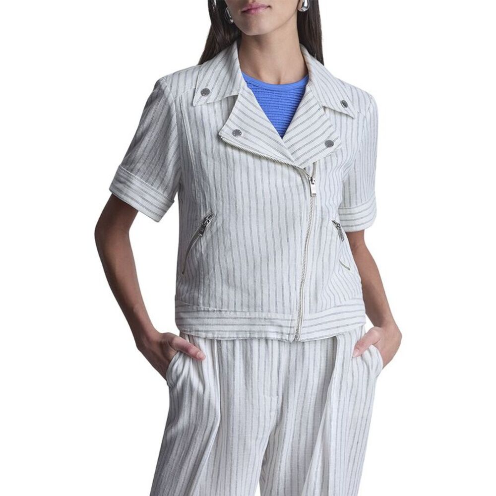 Dkny Womens  Striped Linen-Blend Moto Jacket, White